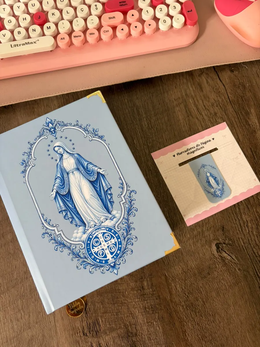 Bíblia com Nossa Senhora das Graças em azul e branco